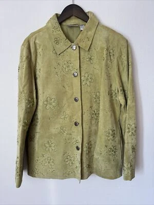 Chaqueta de cuero verde con cuentas Chicos Chico’s, abotonada, talla 2 Foto 1 de 4