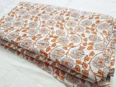 India King Size Cotton Kantha Quilt Hand Block Handmade Blanket Bedspread Throw - Image 1 of 4