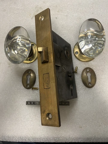 Antique corbin MORTISE LOCK with KEY / glass doorknobs/ rosettes Cover