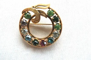 Vtg GOLD FILL Van Dell Wreathe Brooch Pin Signed Colorful Rhinestones - Picture 1 of 5