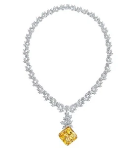 Feature Golden Yellow & White Diamonds Leaf Link Y Drop Luxury Wedding Necklace - Picture 1 of 4
