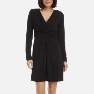 Karen Kane Twist Front Dress Black Long Sleeve Stretch Jersey Preppy Large NWT - Picture 1 of 15