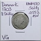 Denmark 1703 8 Skilling Km#470 .562Ag .0552 Asw in Vg Condition #1901