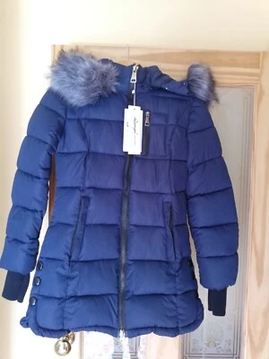 Teen Women's Winter Blue Puffer Coat With Hood With Detachable Faux Fur - Image 1 of 4