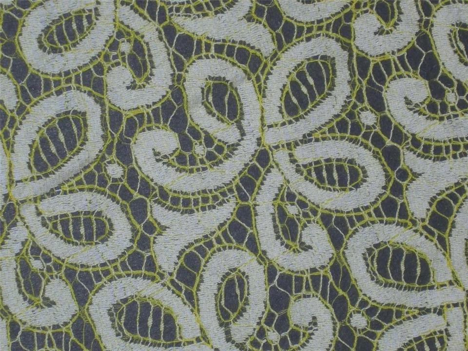 Yellow lace fabric overlay off white cotton blend material bty Made in the USA - Image 1 of 1