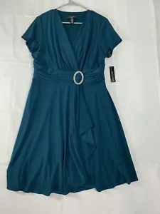 R&M RICHARDS TORQUOISE JERSEY DRESS RUCHED WAISTLINE/RHINESTONES/SZ-14P/New - Picture 1 of 11