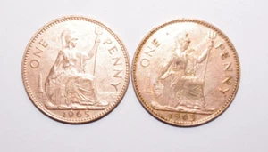 1963/65, Large Penny Great Britain UK a Lot of 2 Better Grade Coins-b3 - Picture 1 of 4