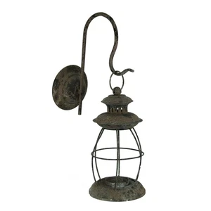Distressed Metal Wall Mounted Railroad Lantern Hanging Candle Sconce Black - Picture 1 of 4