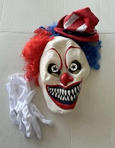 Creepy Clown Blue Red Hair with Hat Halloween Mask - Picture 1 of 6