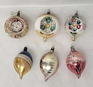 6 Vtg Mercury Glass Christmas Ornaments Teardrops Indents Painted Poland Mica - Picture 1 of 9