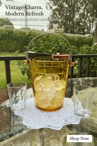 Fostoria Amber Glass Ice Bucket & Original Ice Tongs Etched Depression 1950s - Picture 1 of 10
