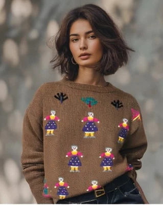 Suéter Jantzen Vintage Arte Popular Personas Crew Manga Larga Marrón Talla Pequeña Usado en Excelente Condición Foto 1 de 4