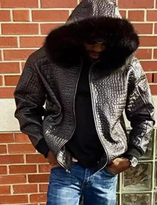 Men’s Black Crocodile Embossed Leather Jacket with Fur Hood Luxury Biker Coat - Image 1 of 4