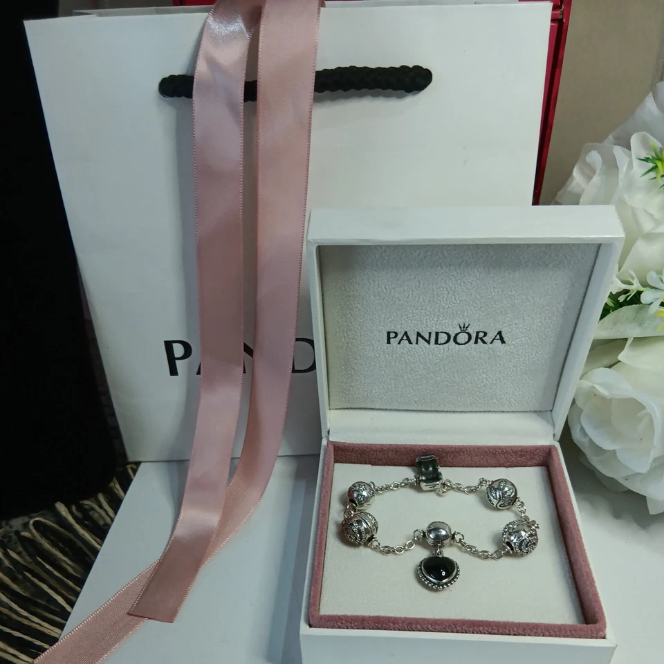 Beautiful Genuine Pandora  5 Five Clip Station Bracelet with clips  onyx 19cm  - Image 1 of 4