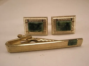 Genuine Jade Green Stone Quality Vintage DANTE Cuff Links & Tie Bar set - Picture 1 of 9