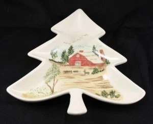 Plato de árbol Maxcera rojo granero granja plato vacaciones Navidad 9 1/2" COMO ESTÁ - Imagen 1 de 8
