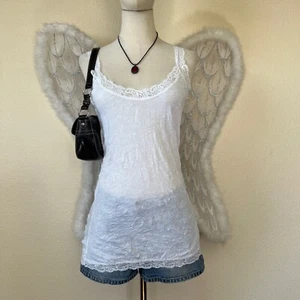 Vintage Weavers Lace Cami Top White Tank Coquette Kawaii Cute Size L Crinkle Y2K - Picture 1 of 7