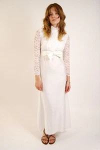 60s White Gown (S) vintage wedding lace bow evening dress small boho hippy maxi - Picture 1 of 8