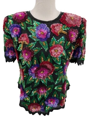 Top Laurence Kazar Seda Con Cuentas Lentejuelas Multicolor Floral Formal Talla PL De Colección Años 80 Foto 1 de 4