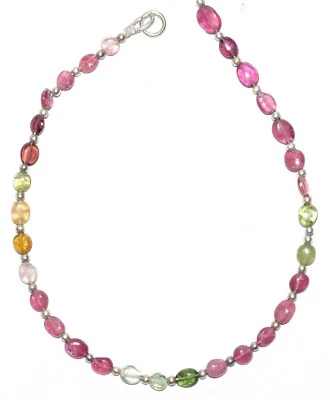 925 Argento Fine Multi Tormalina Gemma 2-5 MM Perline Ovali 9 " Collana L - Immagine 1 di 4