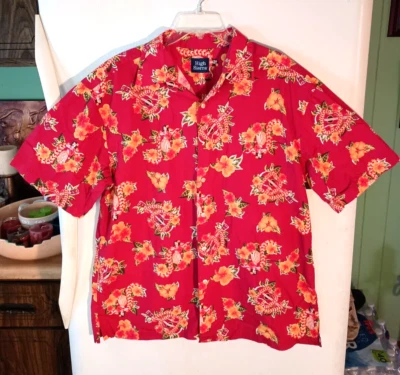 CAMISA HAVAIANA VINTAGE MASCULINA ALTA SERRA VERMELHA HULA MENINA UKULELE LEI ESTAMPA FLORAL L - Imagem 1 de 4