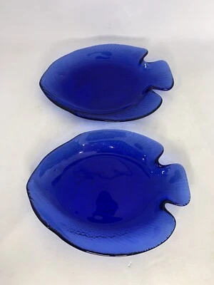 2 Cobalt Blue Glass Fish Shaped 6.5" Small Plate Arcoroc France Vtg - Image 1 of 4