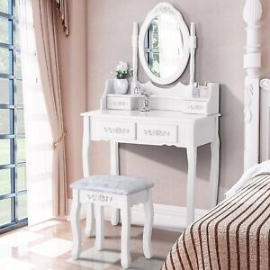 Vanity Makeup Table Set with 4 Drawers and Mirror &Stool Bedroom Dressing Table