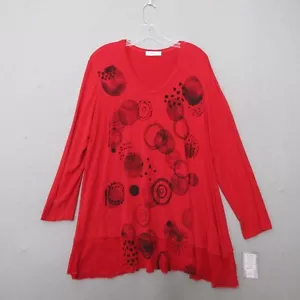 Jess & Jane Top Tunic Women Red Geometric Lagenlook Artsy Relaxed Flowy NWT USA - Picture 1 of 11