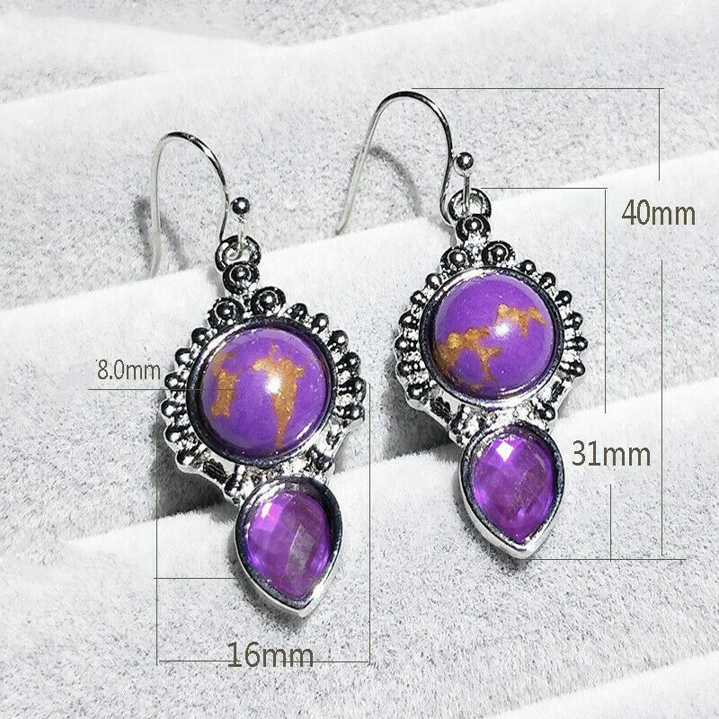 Cute New Silver Round Purple Turquoise & Crystal Teardrop Hook Dangle Earrings - Image 1 of 1