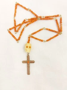 Antike georgische Memento Mori Halskette geschnitzt Geweih Schädel rote Koralle 14k Gold - Bild 1 von 12