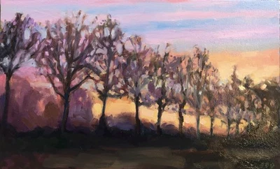 PDQ Artist Original Oil Painting Landscape Sunset Trees Impressionistic Realism - Image 1 of 4