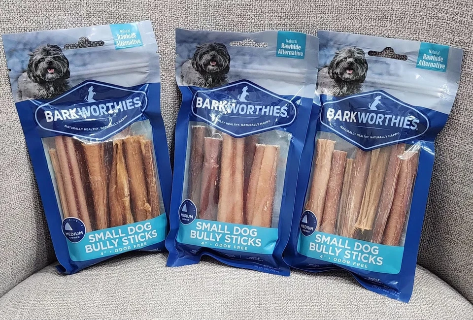 Barkworthies 3 Packs Small Dog Bully Sticks 4" Odor Natura Chew Treats