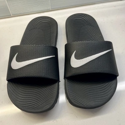 Nike Black Slide Flip Flop Sandals Size Youth 1 Unisex White Swoosh - Image 1 of 4