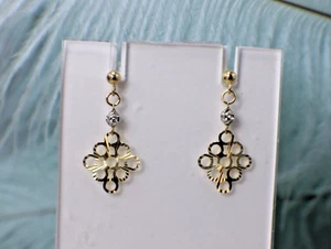 Solid 14K Yellow & White Two-Tone Gold Stud Dangle Earrings Post Filigree Pretty - Picture 1 of 11