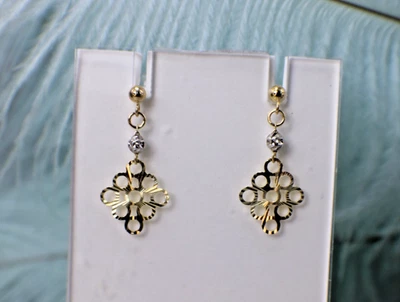 Solid 14K Yellow & White Two-Tone Gold Stud Dangle Earrings Post Filigree Pretty - Image 1 of 4