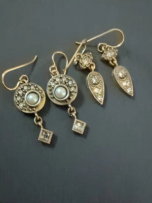 Patricia Locke Gold Toned Dangle Earrings W/ Clear Crystals One Pair Has Pearls - Image 1 of 4