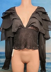 Nwt Commense Women's Ruffle Long Sleeve V-Neck Crop Top Large Black Color - Picture 1 of 4