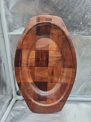 Bandeja para servir de madera de teca de bambú tejido parquet de colección 13" mediados de siglo moderna MCM  Foto 1 de 2