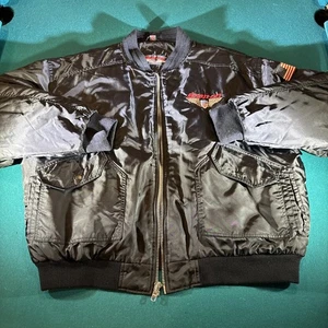 Vintage Snap On Flight Bomber Jacket Black USA Flag 2 sided Embroidered SZ M - Picture 1 of 7