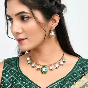 Hasli Regal Radiance Green Kundan Embellished Golden Necklace Set - Picture 1 of 6
