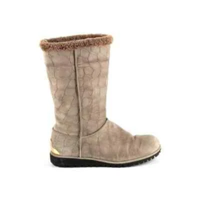 Stuart Weitzman Shearling Boots 8 Beige Suede Animal Print Mid Calf Folded Roll  - Imagem 1 de 4