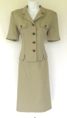 VINTAGE 1970s 80s LE SUIT SKIRT SUIT 100% SILK TAN POLY LINING BRASS BUTTONS - Image 1 of 4
