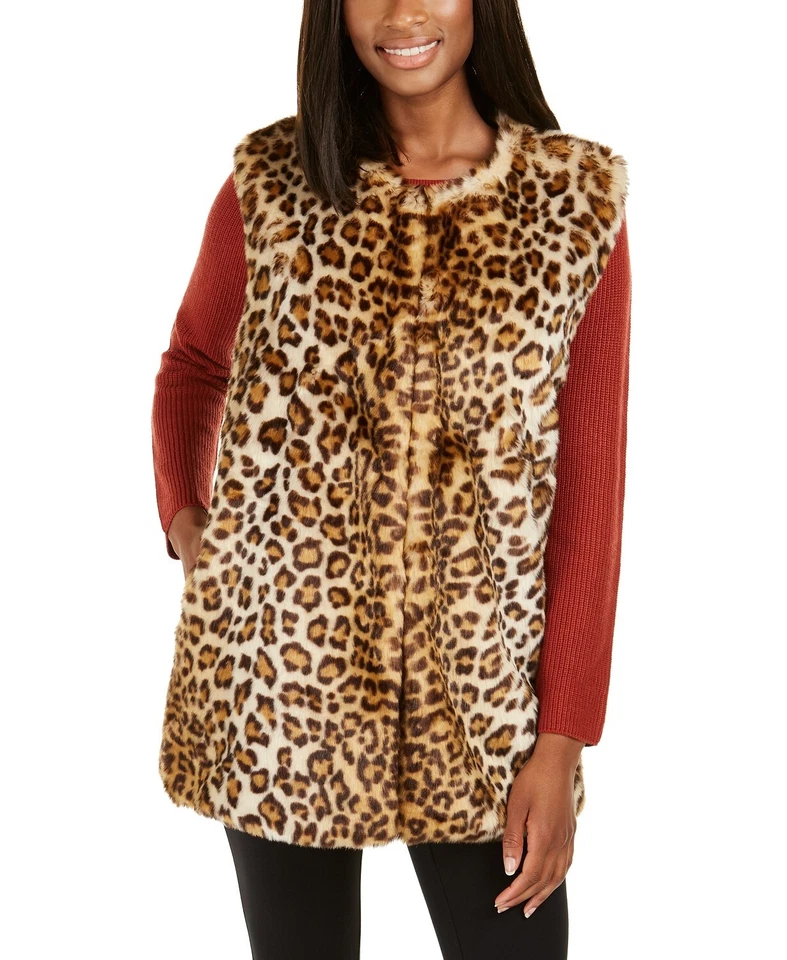 Inc International Concepts Leopard Print Faux Fur Duster Size S/m