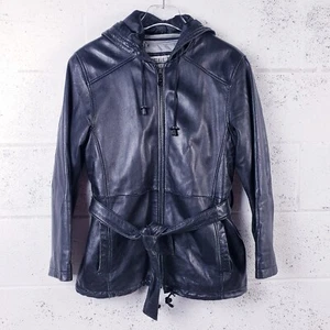 Vintage 90s Y2K Pelle Studio Black Leather Hooded Belted Insulated Coat Medium - Picture 1 of 7