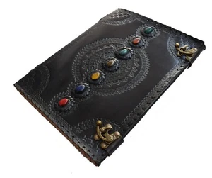 Leather Journal Seven Stone Chakra Notebook Blank Bound Papers Book of Shadows - Picture 1 of 6