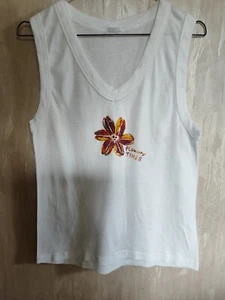 Weißes T-Shirt Blumendruck ca. Gr.M Basic Damen Mädchen leichte Taillie ärmellos - Bild 1 von 10