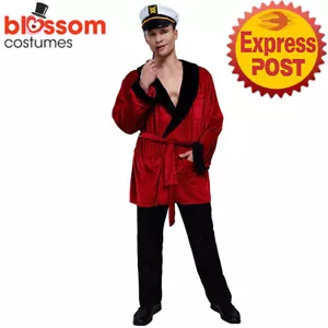 IC35 Red Smoking Jacket Robe Hugh Hefner Mens Halloween Adult Party Costume Hat - Picture 1 of 4