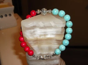 MEN'S HANDMADE 8 3/4" 10 MM RED/BLUE TURQUOISE BEADED BRACELET - Picture 1 of 9