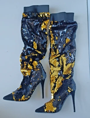 Sexy Botas Hasta el Muslo Negras/Doradas Lentejuelas Tacones Altos Sobre la Rodilla, Talla 10 Foto 1 de 4