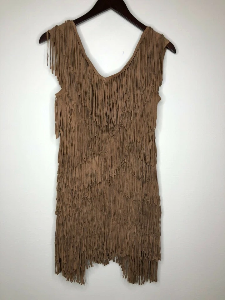 Vestido AllSaints Spitalfields Cabra Gamuza Cuero Marrón Flecos Sin Mangas Talla 00 Foto 1 de 4